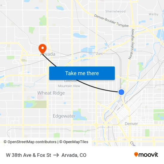 W 38th Ave & Fox St to Arvada, CO map