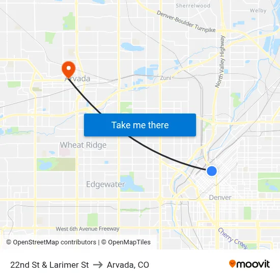22nd St & Larimer St to Arvada, CO map