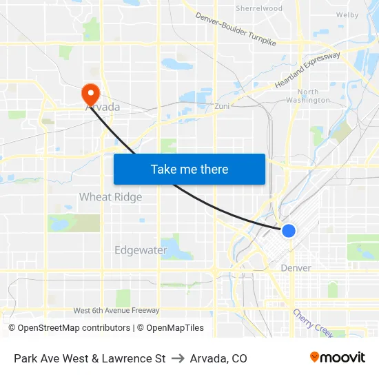Park Ave West & Lawrence St to Arvada, CO map