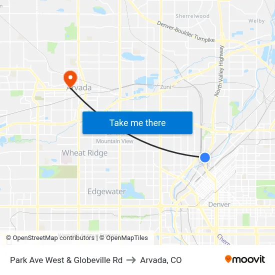Park Ave West & Globeville Rd to Arvada, CO map