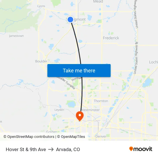 Hover St & 9th Ave to Arvada, CO map