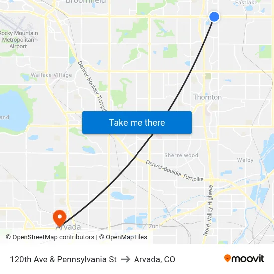 120th Ave & Pennsylvania St to Arvada, CO map
