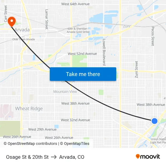 Osage St & 20th St to Arvada, CO map