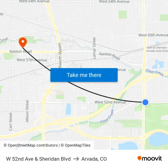 W 52nd Ave & Sheridan Blvd to Arvada, CO map