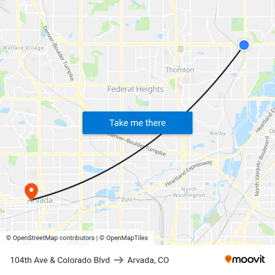 104th Ave & Colorado Blvd to Arvada, CO map
