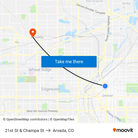 21st St & Champa St to Arvada, CO map