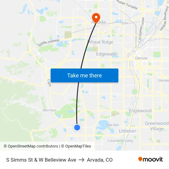 S Simms St & W Belleview Ave to Arvada, CO map