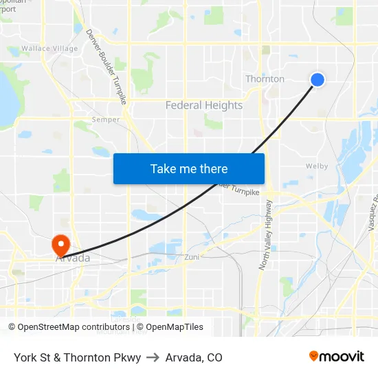 York St & Thornton Pkwy to Arvada, CO map