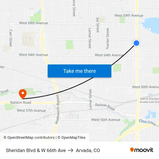 Sheridan Blvd & W 66th Ave to Arvada, CO map