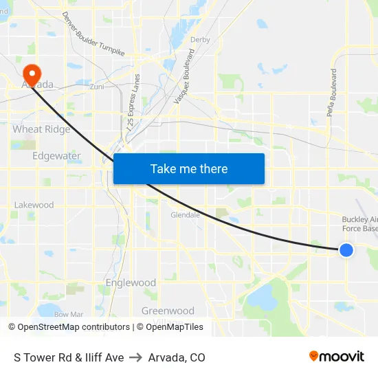 S Tower Rd & Iliff Ave to Arvada, CO map