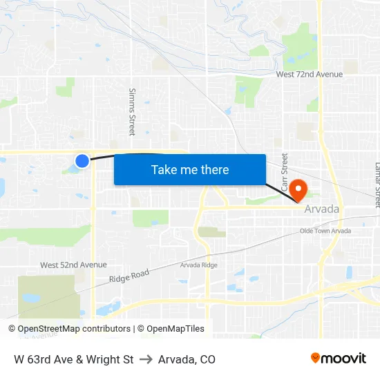 W 63rd Ave & Wright St to Arvada, CO map