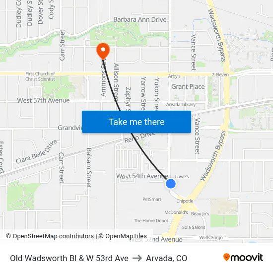 Old Wadsworth Bl & W 53rd Ave to Arvada, CO map