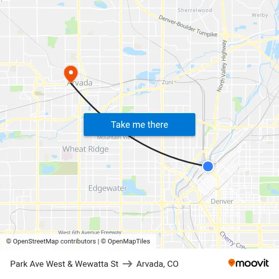 Park Ave West & Wewatta St to Arvada, CO map