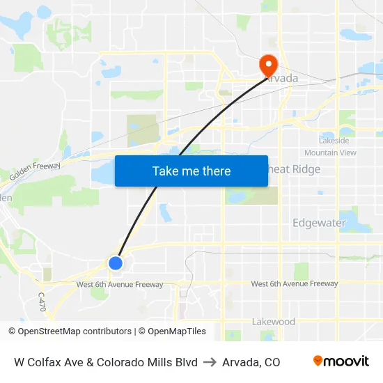 W Colfax Ave & Colorado Mills Blvd to Arvada, CO map