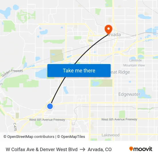 W Colfax Ave & Denver West Blvd to Arvada, CO map