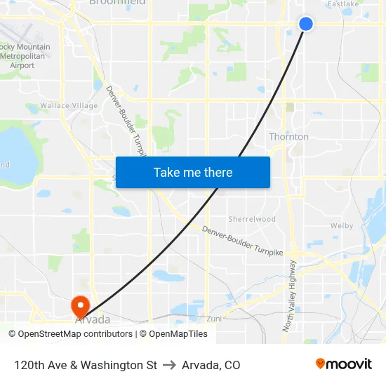 120th Ave & Washington St to Arvada, CO map