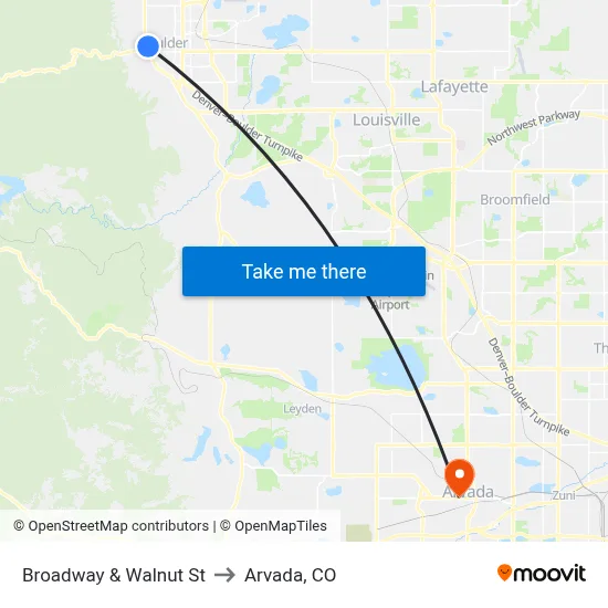 Broadway & Walnut St to Arvada, CO map