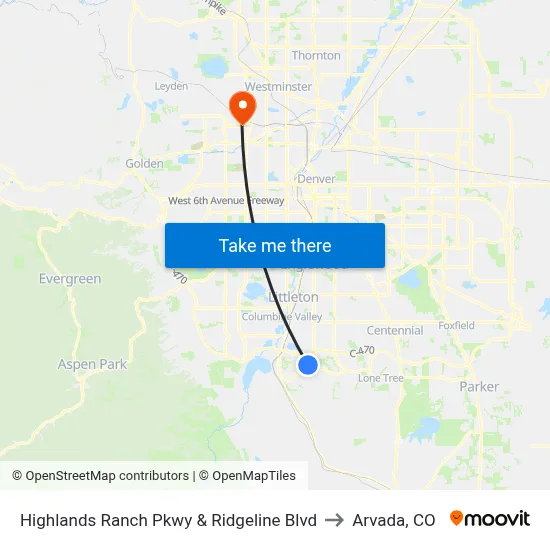 Highlands Ranch Pkwy & Ridgeline Blvd to Arvada, CO map