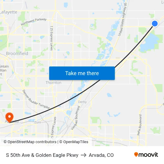 S 50th Ave & Golden Eagle Pkwy to Arvada, CO map