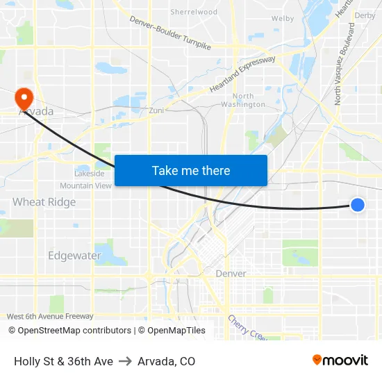 Holly St & 36th Ave to Arvada, CO map