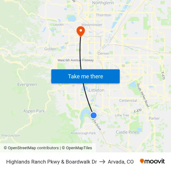 Highlands Ranch Pkwy & Boardwalk Dr to Arvada, CO map
