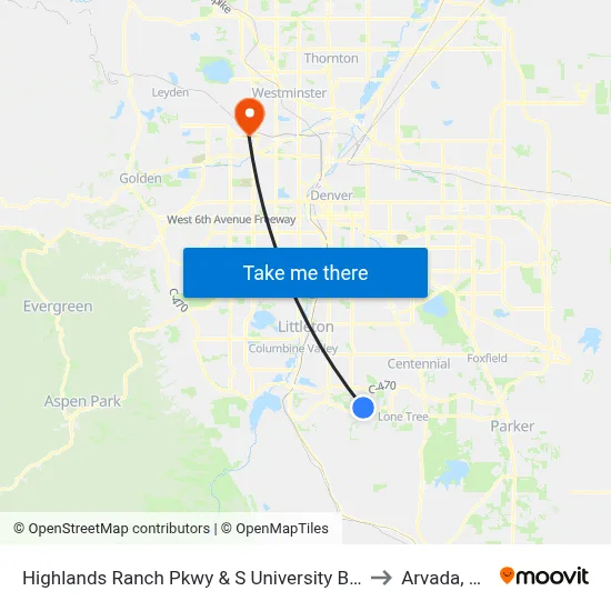 Highlands Ranch Pkwy & S University Blvd to Arvada, CO map