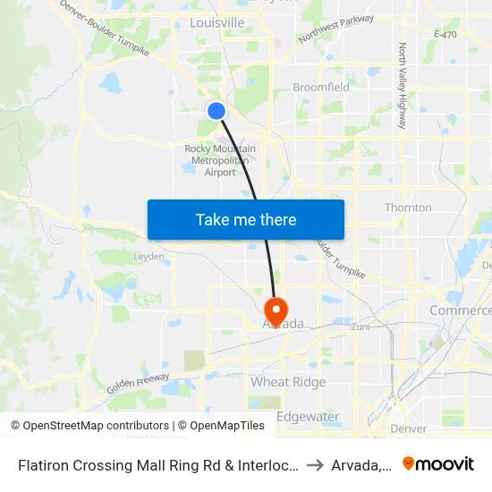 Flatiron Crossing Mall Ring Rd & Interlocken Blvd to Arvada, CO map