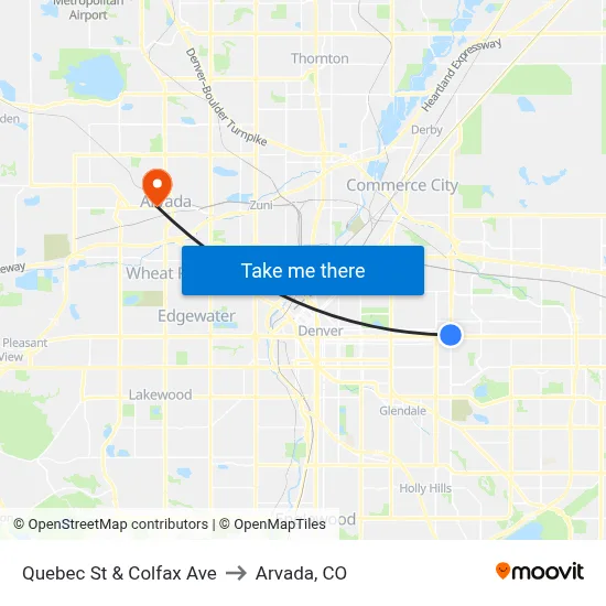 Quebec St & Colfax Ave to Arvada, CO map