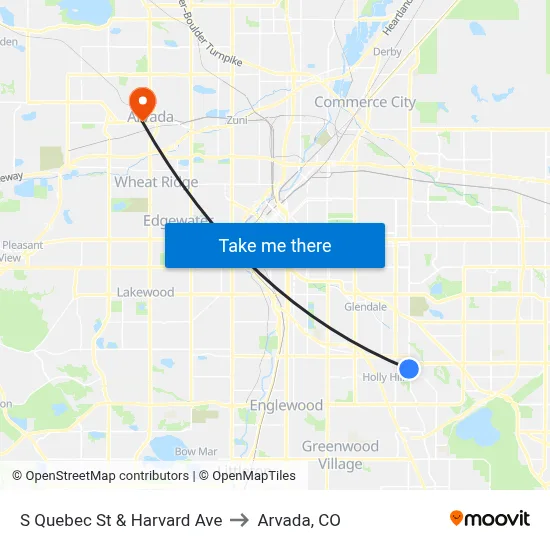 S Quebec St & Harvard Ave to Arvada, CO map