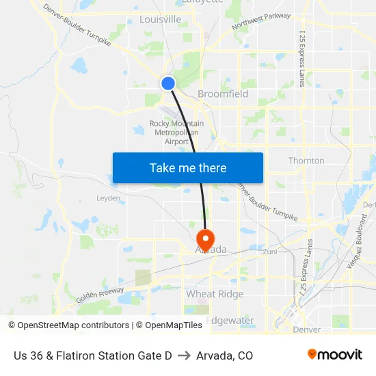 Us 36 & Flatiron Station Gate D to Arvada, CO map