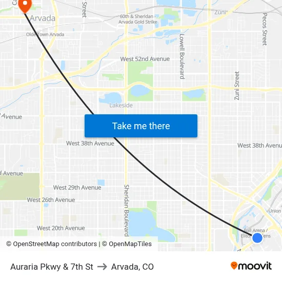 Auraria Pkwy & 7th St to Arvada, CO map