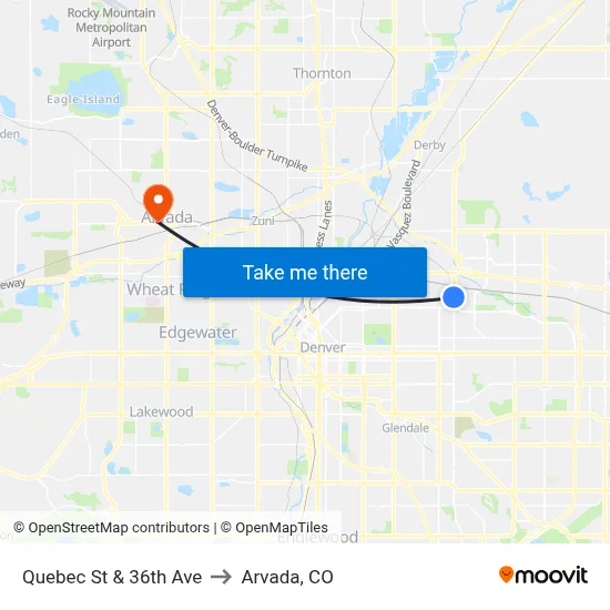 Quebec St & 36th Ave to Arvada, CO map