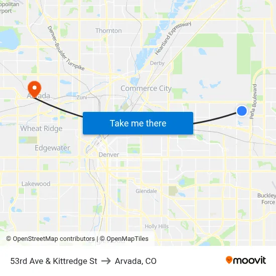 53rd Ave & Kittredge St to Arvada, CO map