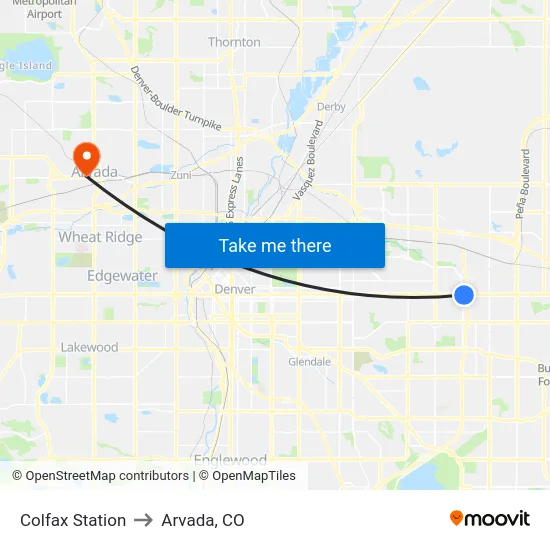 Colfax Station to Arvada, CO map