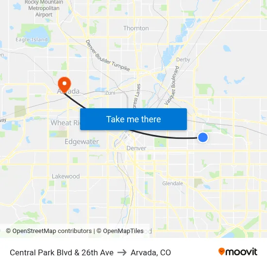 Central Park Blvd & 26th Ave to Arvada, CO map