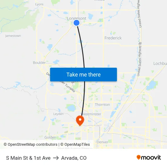 S Main St & 1st Ave to Arvada, CO map