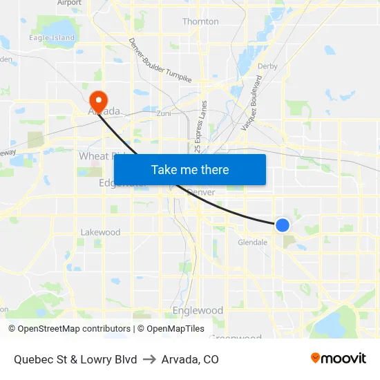 Quebec St & Lowry Blvd to Arvada, CO map