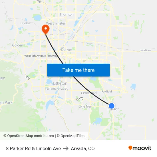 S Parker Rd & Lincoln Ave to Arvada, CO map
