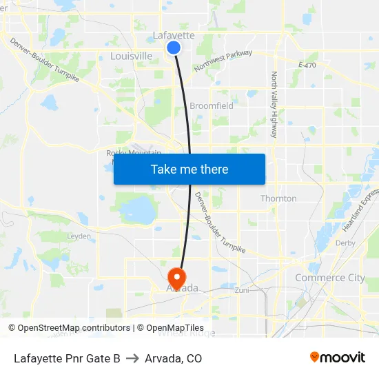 Lafayette Pnr Gate B to Arvada, CO map