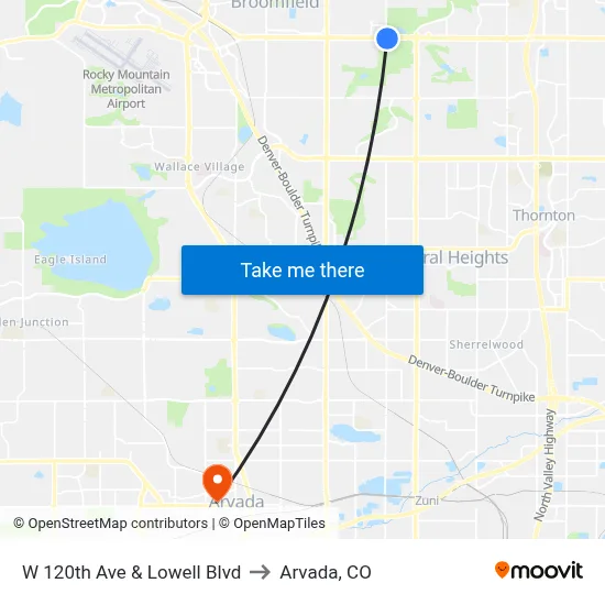 W 120th Ave & Lowell Blvd to Arvada, CO map
