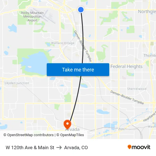 W 120th Ave & Main St to Arvada, CO map