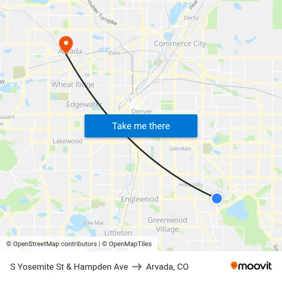 S Yosemite St & Hampden Ave to Arvada, CO map