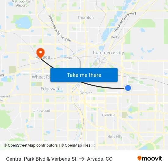 Central Park Blvd & Verbena St to Arvada, CO map