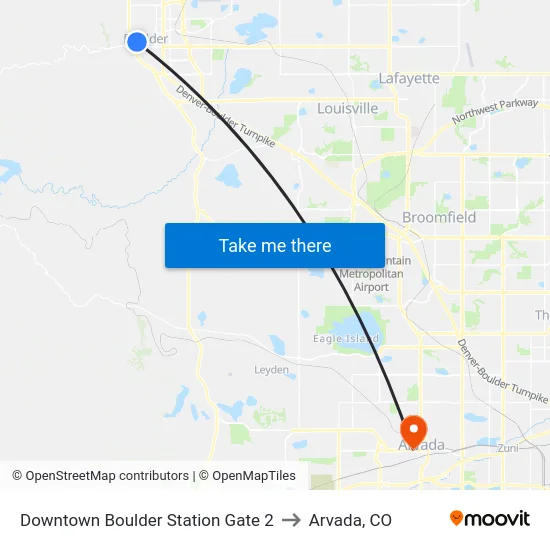 Downtown Boulder Station Gate 2 to Arvada, CO map