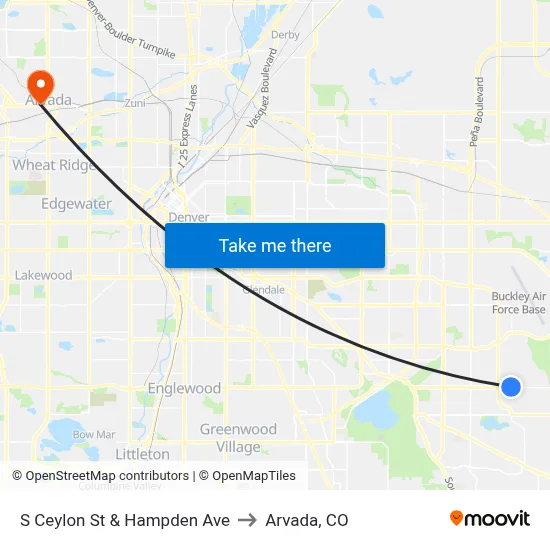 S Ceylon St & Hampden Ave to Arvada, CO map