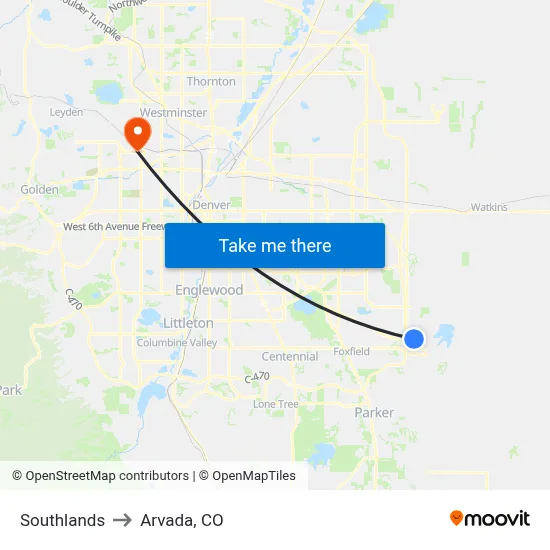 Southlands to Arvada, CO map