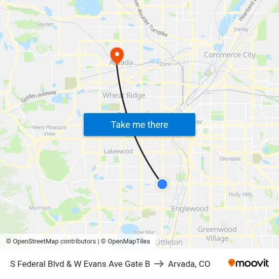 S Federal Blvd & W Evans Ave Gate B to Arvada, CO map