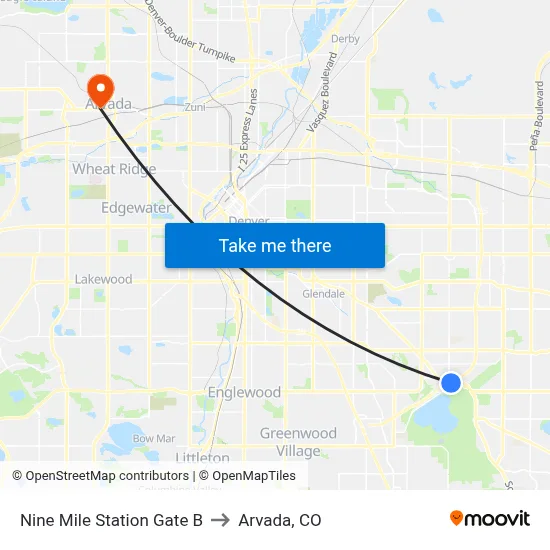 Nine Mile Station Gate B to Arvada, CO map