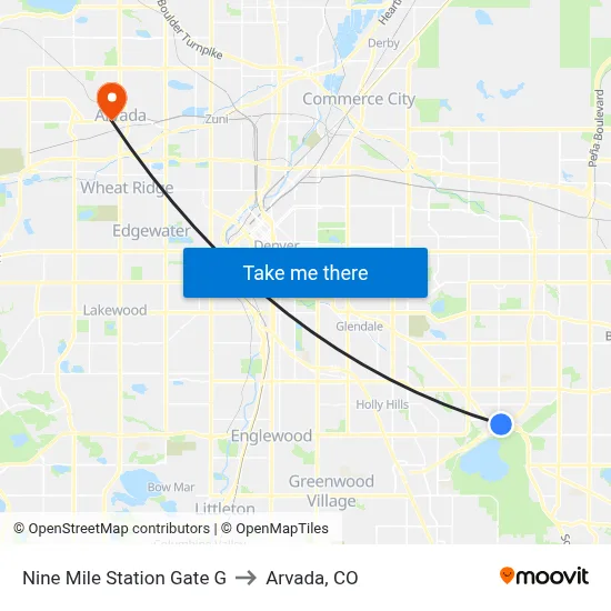 Nine Mile Station Gate G to Arvada, CO map