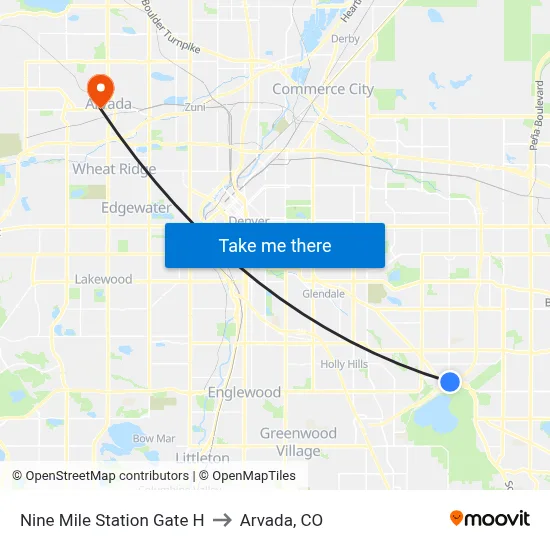 Nine Mile Station Gate H to Arvada, CO map